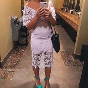 ASOS off shoulder lace pencil dress